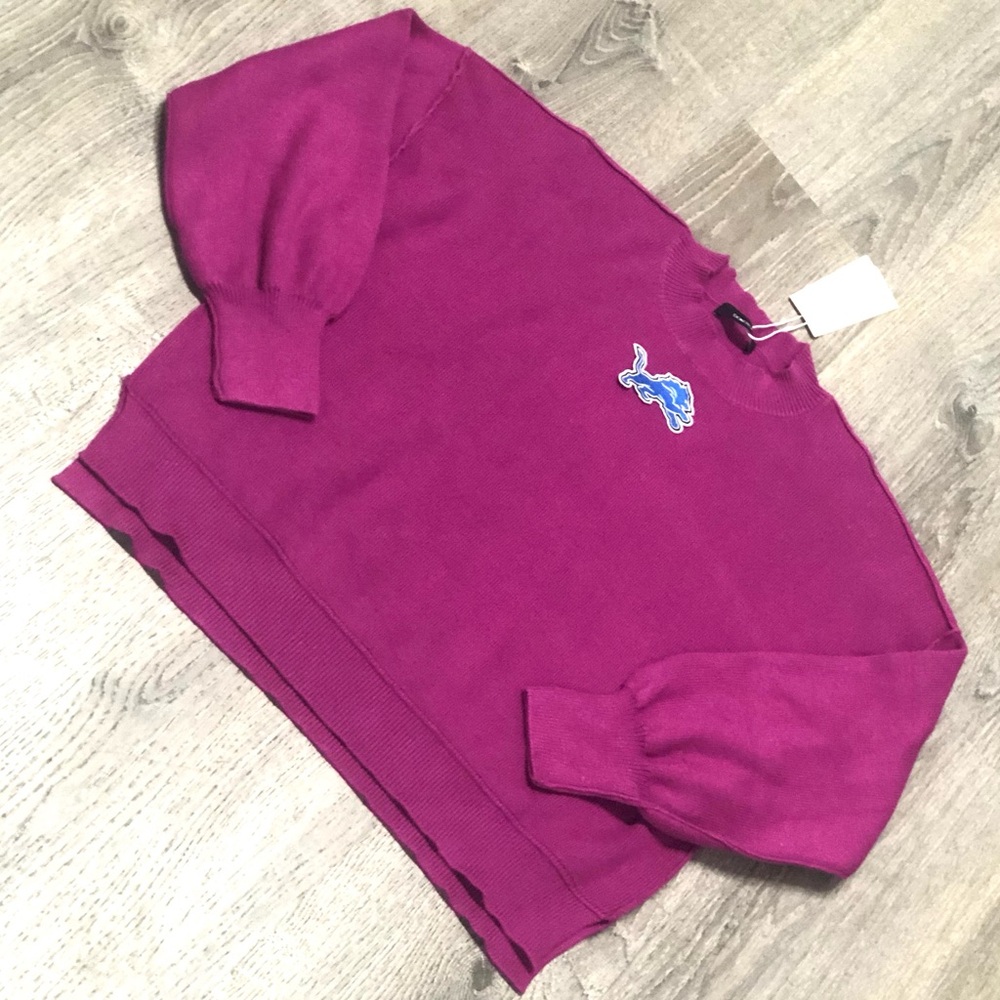 Detroit Lions Magenta Crewneck Sweater with Blue Detroit Lion logo - Picture 3 of 4